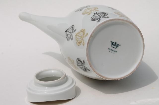 mod vintage Thomas - Germany porcelain coffee pot, tan & black leaves palm leaf print