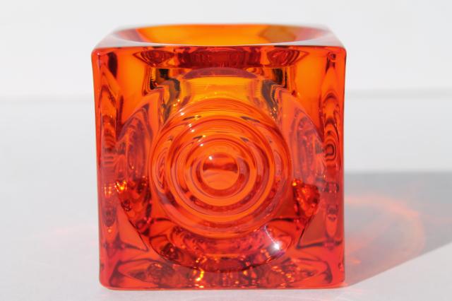 mod vintage Viking glass orange vase, stoplight bullseye circles on square cube shape