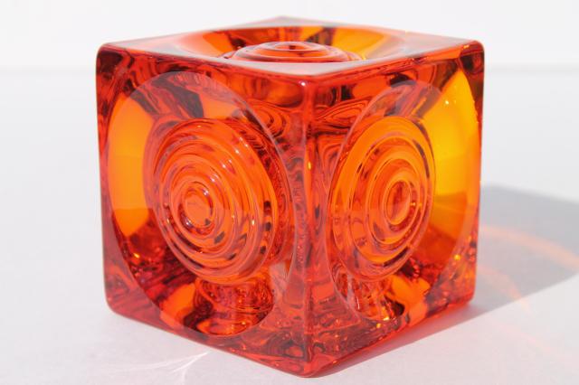 mod vintage Viking glass orange vase, stoplight bullseye circles on square cube shape
