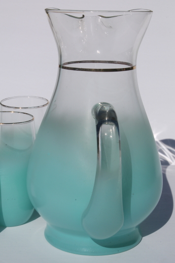 Mod vintage aqua blue blendo color fade glass drinks set, pitcher & glasses