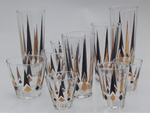 Mod vintage bar glasses set, golden peaks black & gold atomic rays