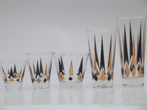 Mod vintage bar glasses set, golden peaks black & gold atomic rays