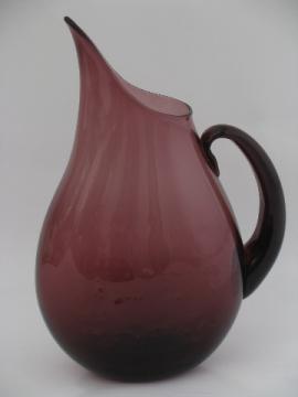 Mod vintage Blenko art glass, huge pitcher, 60s amethyst purple color
