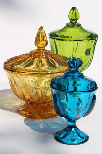 Mod vintage genie jar colored glass candy dishes - blue & green Viking glass, amber glass