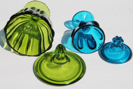 Mod vintage genie jar colored glass candy dishes - blue & green Viking glass, amber glass