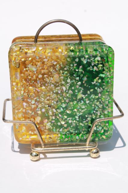 mod vintage glitter lucite drinks coasters, chunky retro square coaster set in green & gold
