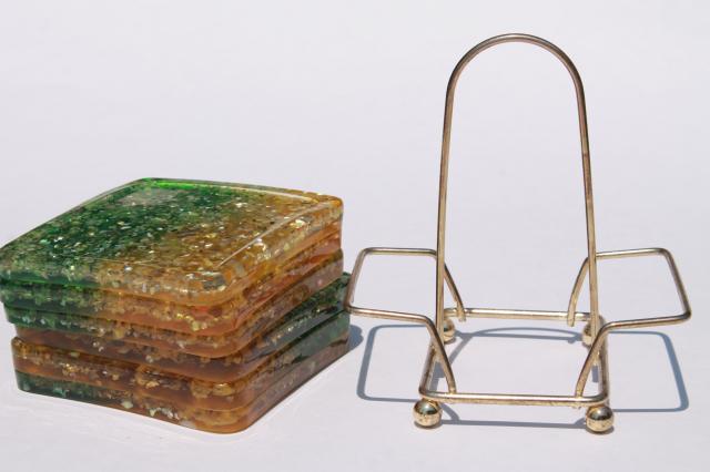 mod vintage glitter lucite drinks coasters, chunky retro square coaster set in green & gold