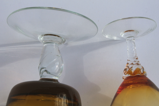 Mod vintage hand-blown glass cocktail pitcher & glasses set, amber & clear glass twist stems
