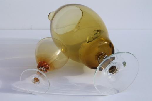 Mod vintage hand-blown glass cocktail pitcher & glasses set, amber & clear glass twist stems