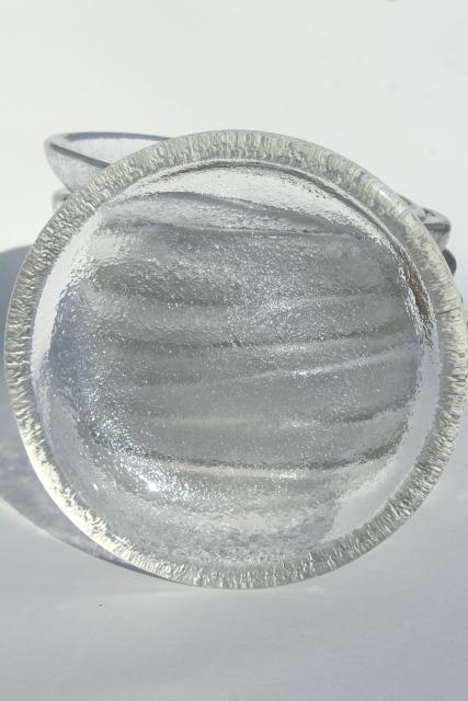mod vintage ice textured glass salad plate bowls, heavy crystal clear glass