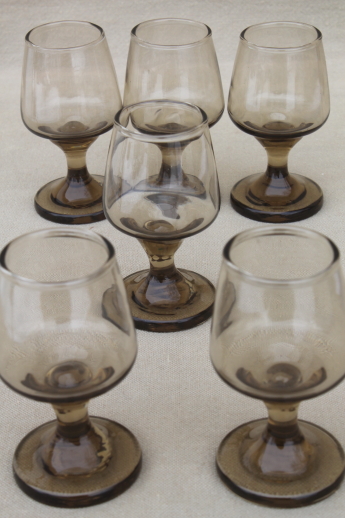 Mod vintage Libbey smoke brown glasses, Tawny Accent tiny cordial stemmed goblets