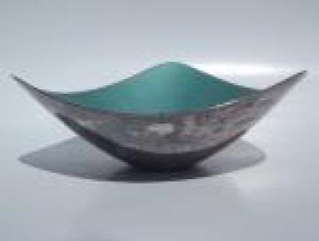 Mod vintage Reed and Barton enameled silver plate bowl, aqua blue enamel