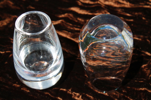 Mod vintage roly poly glass shot glasses, glass weighted bottom shots or vodka glasses