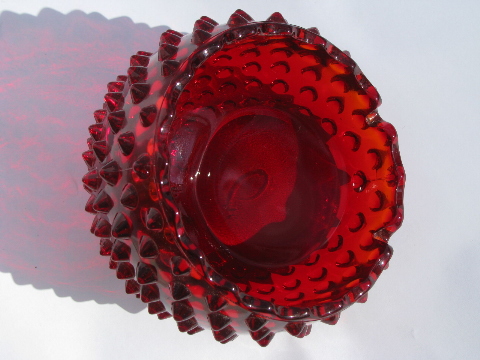 Mod vintage round orb ashtray, hobnail texture pattern, ruby red glass
