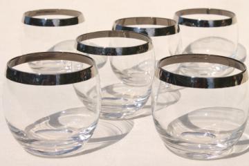 mod vintage silver band roly poly glasses, round tumblers w/ platinum trim