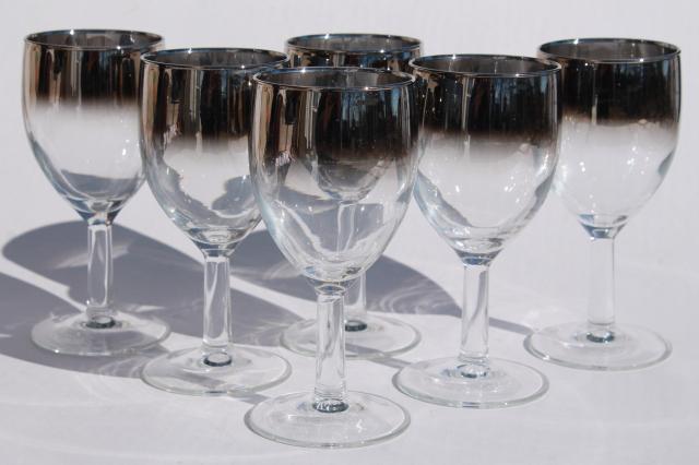 mod vintage silver fade wine glasses, French glass stemware ombre metallic color