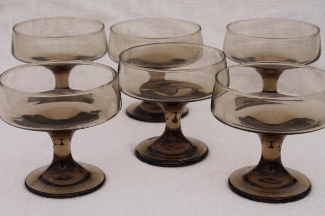 mod vintage smoke brown glass stemware, Accent Libbey tawny champagne glasses