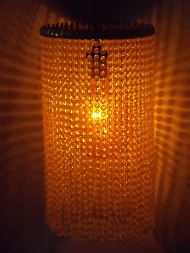 Mod vintage swag lamp set, retro yellow gypsy bead curtain shade lights