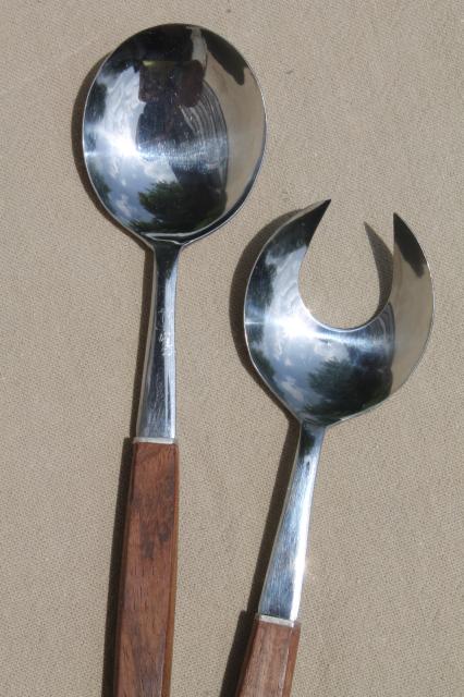 mod vintage teak wood handle salad servers, stainless steel spork fork & spoon