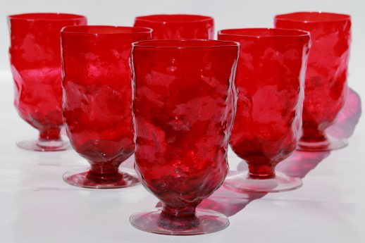 Morgantown crinkle driftwood iced tea glasses, red glass clear footed tumblers
