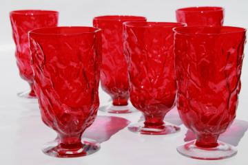 Morgantown crinkle driftwood iced tea glasses, red glass clear footed tumblers