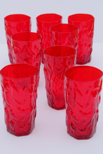 Morgantown crinkle or Seneca driftwood drinking glasses, vintage ruby red glass tumblers