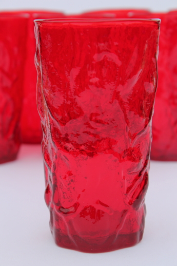 Morgantown crinkle or Seneca driftwood drinking glasses, vintage ruby red glass tumblers