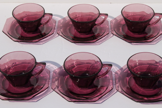 Moroccan amethyst glass cups and saucers, mid-century vintage Hazel Atlas glass