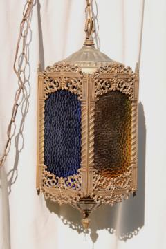 moroccan lantern w/ colored glass panels, bohemian vintage swag lamp hanging light