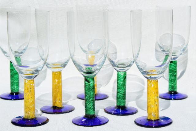 murano style hand blown glass stemware, chunky casual colored glass goblets wine glasses