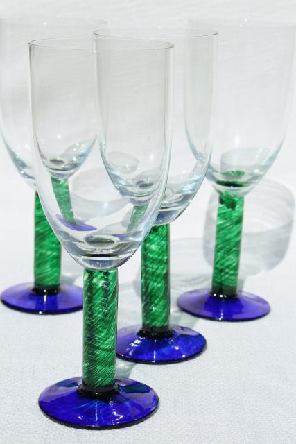 murano style hand blown glass stemware, chunky casual colored glass goblets wine glasses