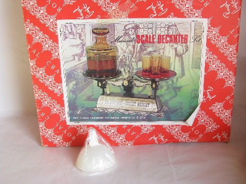 Musical music box balance scales decanter bottle / shots set, vintage japan