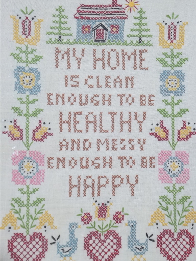 My Home clean & messy cross-stitched sampler, retro framed needlework motto