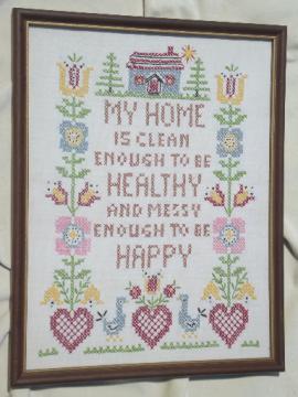 My Home clean & messy cross-stitched sampler, retro framed needlework motto