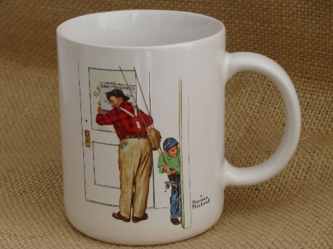 Norman Rockwell fisherman and fishing scene prints coffee mugs set