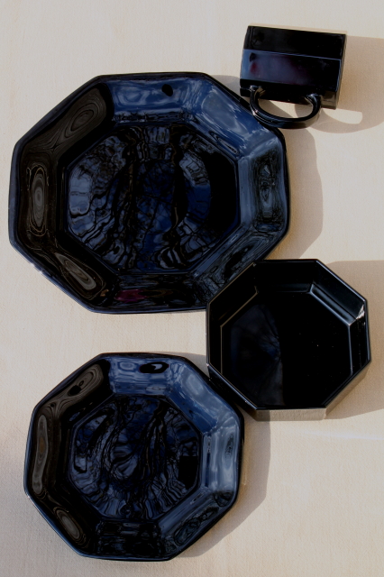 Octime Arcoroc vintage black glass dinnerware set, modern geometric plates, bowls, mugs