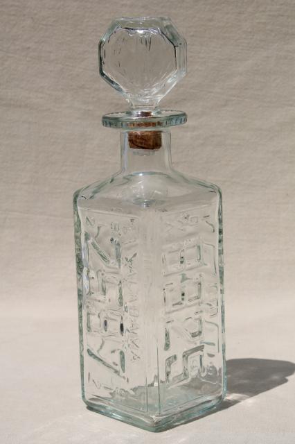 old car license plates decanter, vintage Walker's bourbon glass bottle