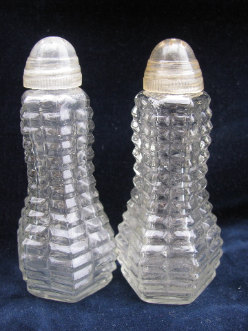 Old clear glass salt & pepper shakers, two S&P sets, vintage diner style
