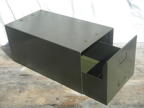 Old file folder cabinet box for office or shop,  industrial olive drab steel