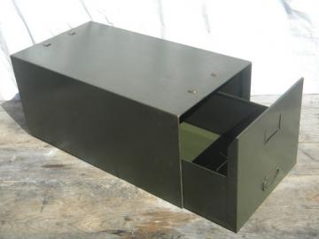 Old file folder cabinet box for office or shop,  industrial olive drab steel