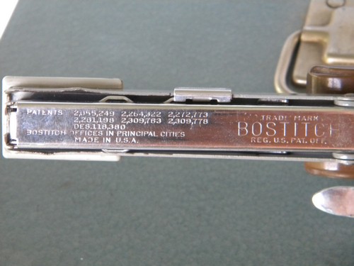 Old machine age vintage  desk stapler Bostitch model B8 olive drab base