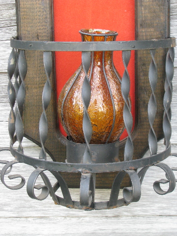 Old Mexico carved wood & iron wall niche candle sconces, amber shades