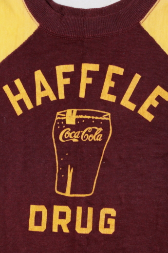 Old-time drugstore soda fountain Cola-Cola advertising, vintage cotton jersey baseball shirt