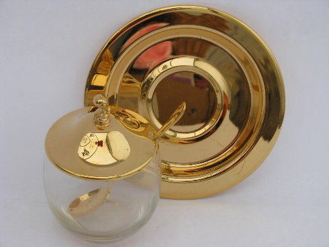 Oneida Tudor gold hollow ware, jam pot w/ spoon, underplate, glass jar