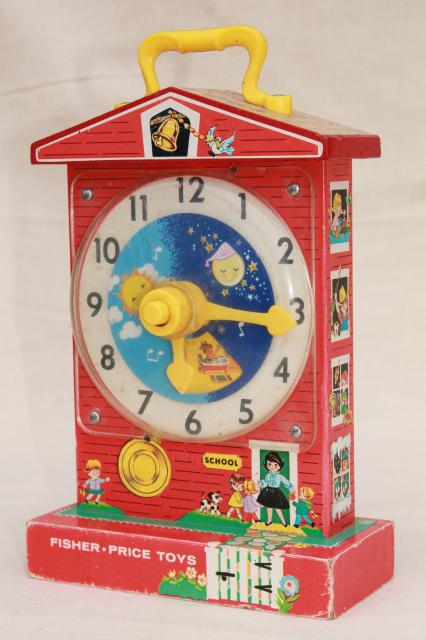 original 60s 70s vintage Fisher Price toy schoolhouse clock teaching time music box