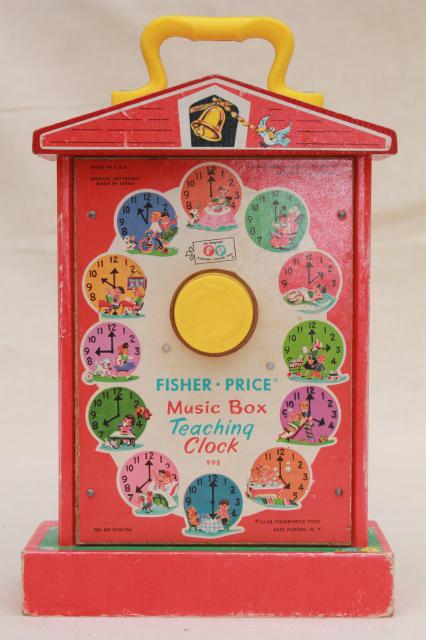 original 60s 70s vintage Fisher Price toy schoolhouse clock teaching time music box