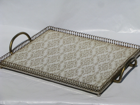 Ornate gold metal tray w/ brocade, 60s vintage country french style