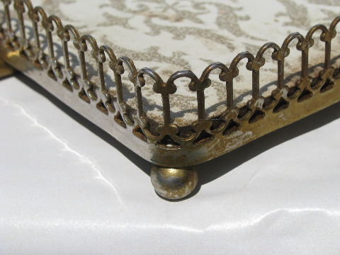 Ornate gold metal tray w/ brocade, 60s vintage country french style