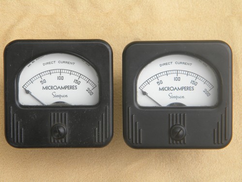 Pair 1930s Simpson industrial panel meters DC microamps deco cases