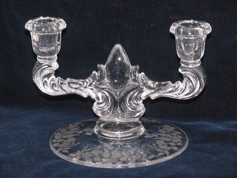 Pair branched candlesticks, vintage etched or wheel-cut floral chintz glass